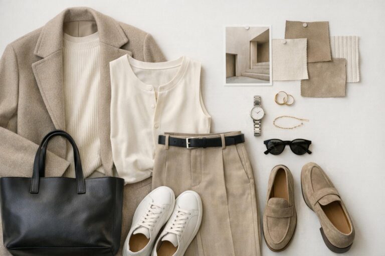 Moodboard inspiration in neutral tones with clean layering, relaxed tailoring, and minimalist accessories for daily style