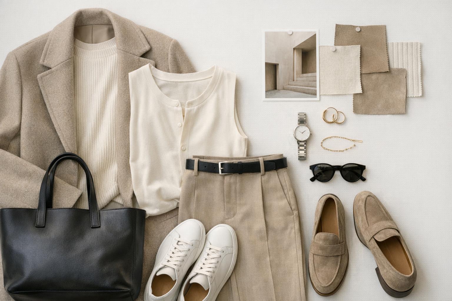 Moodboard inspiration in neutral tones with clean layering, relaxed tailoring, and minimalist accessories for daily style