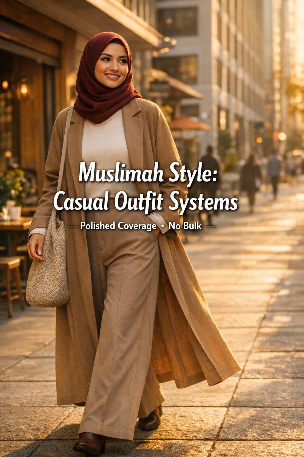 Muslimah style casual outfit system with modest abaya and trousers in golden-hour city commute near café