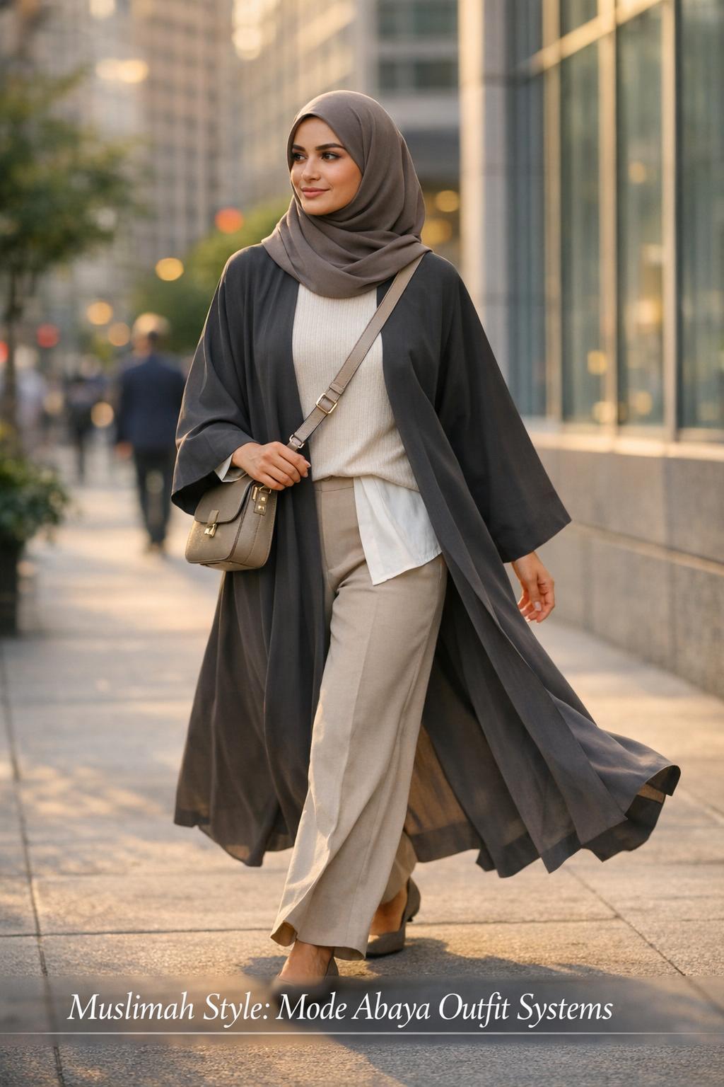 Muslimah style in a Mode abaya outfit as a confident woman walks outside a modern office building at golden hour