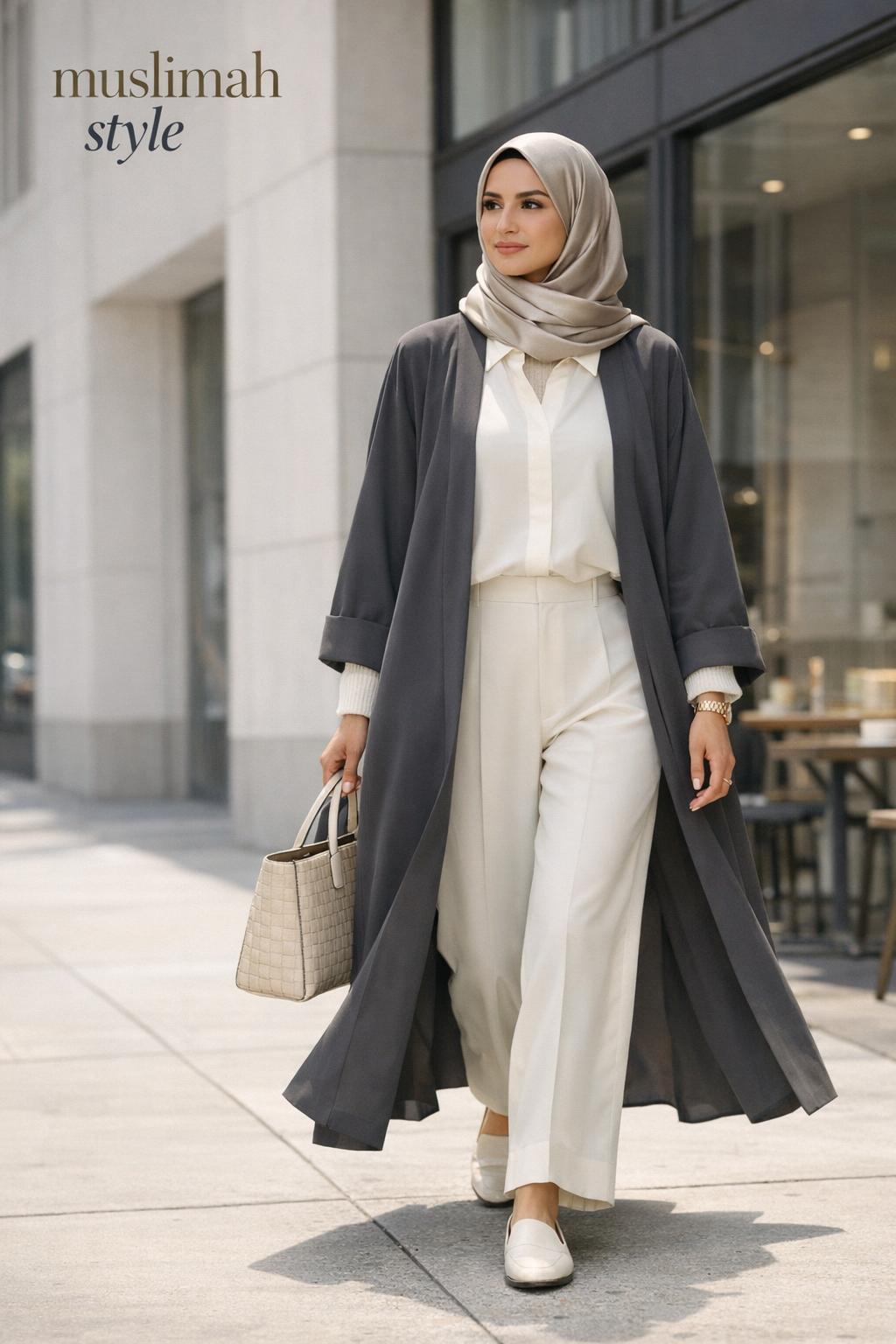 Muslimah style editorial photo of a confident woman in a charcoal abaya and cream wide-leg trousers walking by a city cafe