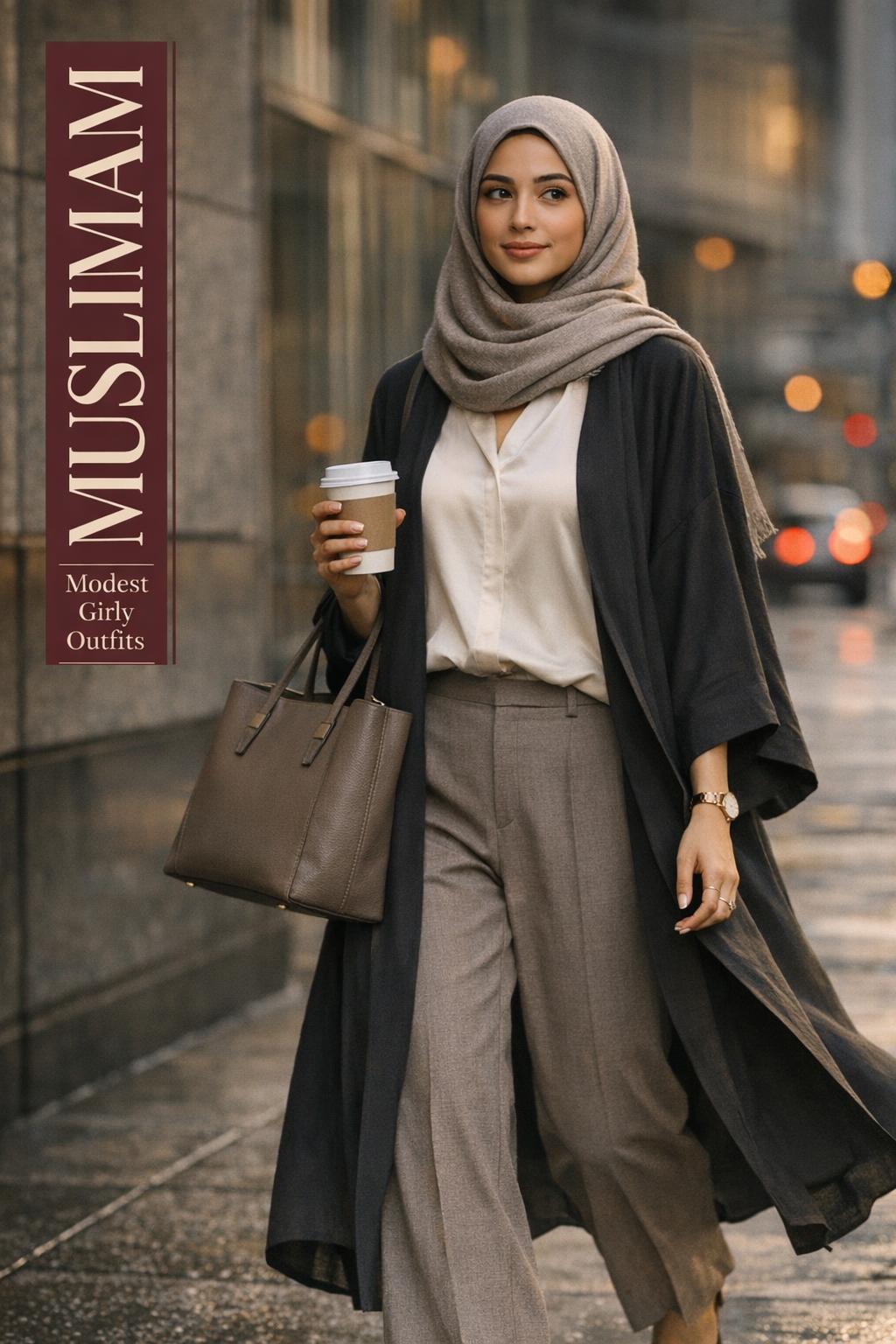 Muslimah style commute look: woman in matte mode abaya and hijab walking with coffee outside a modern office building