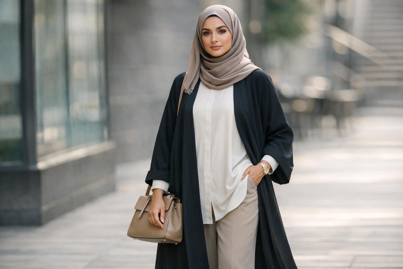 Muslimah style outfit with flowing abaya, wide-leg trousers, and neutral hijab for polished modest dressing without bulk