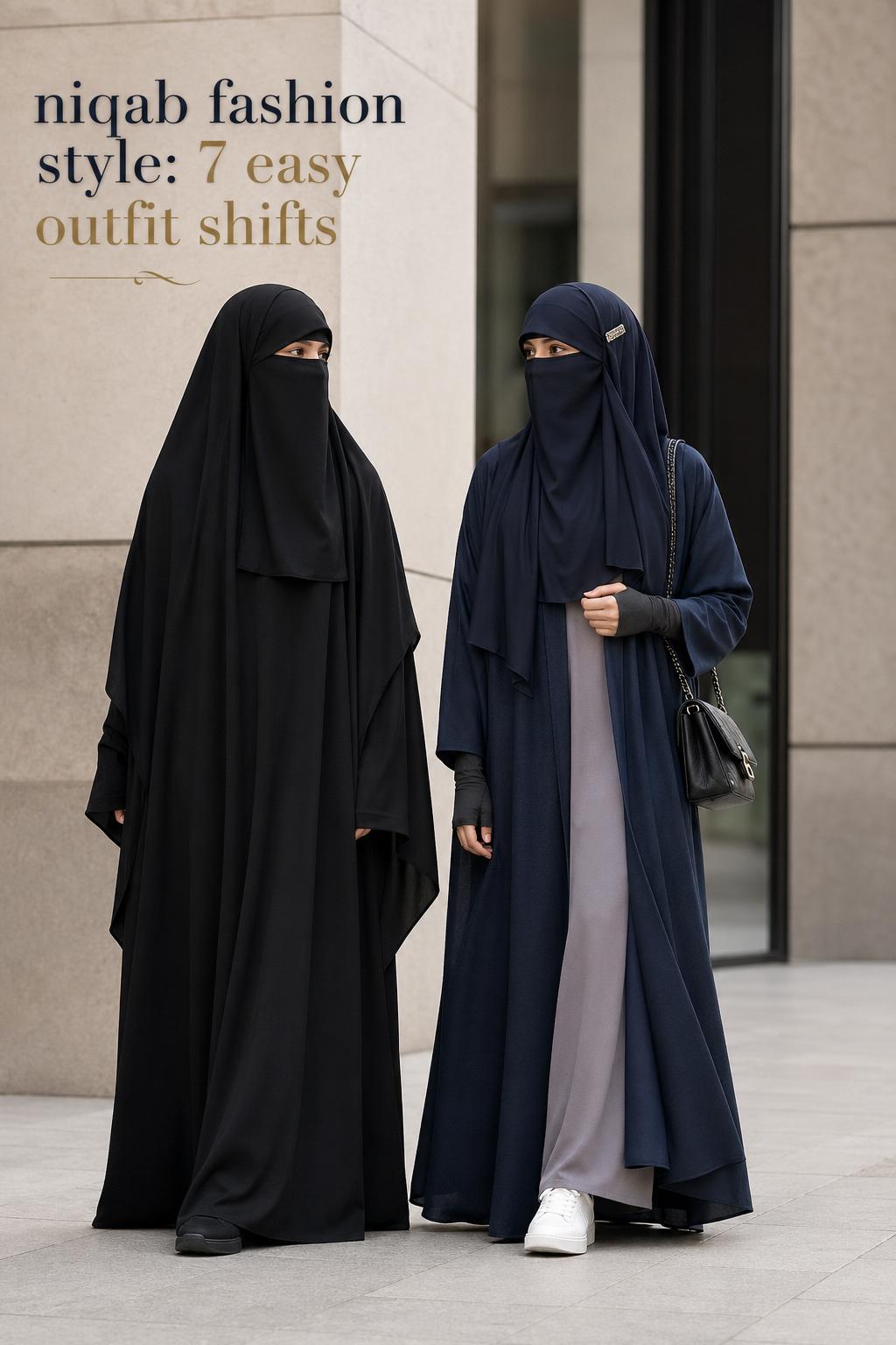 Niqab fashion style editorial with traditional black abaya and modern layered abaya looks in a minimalist city setting
