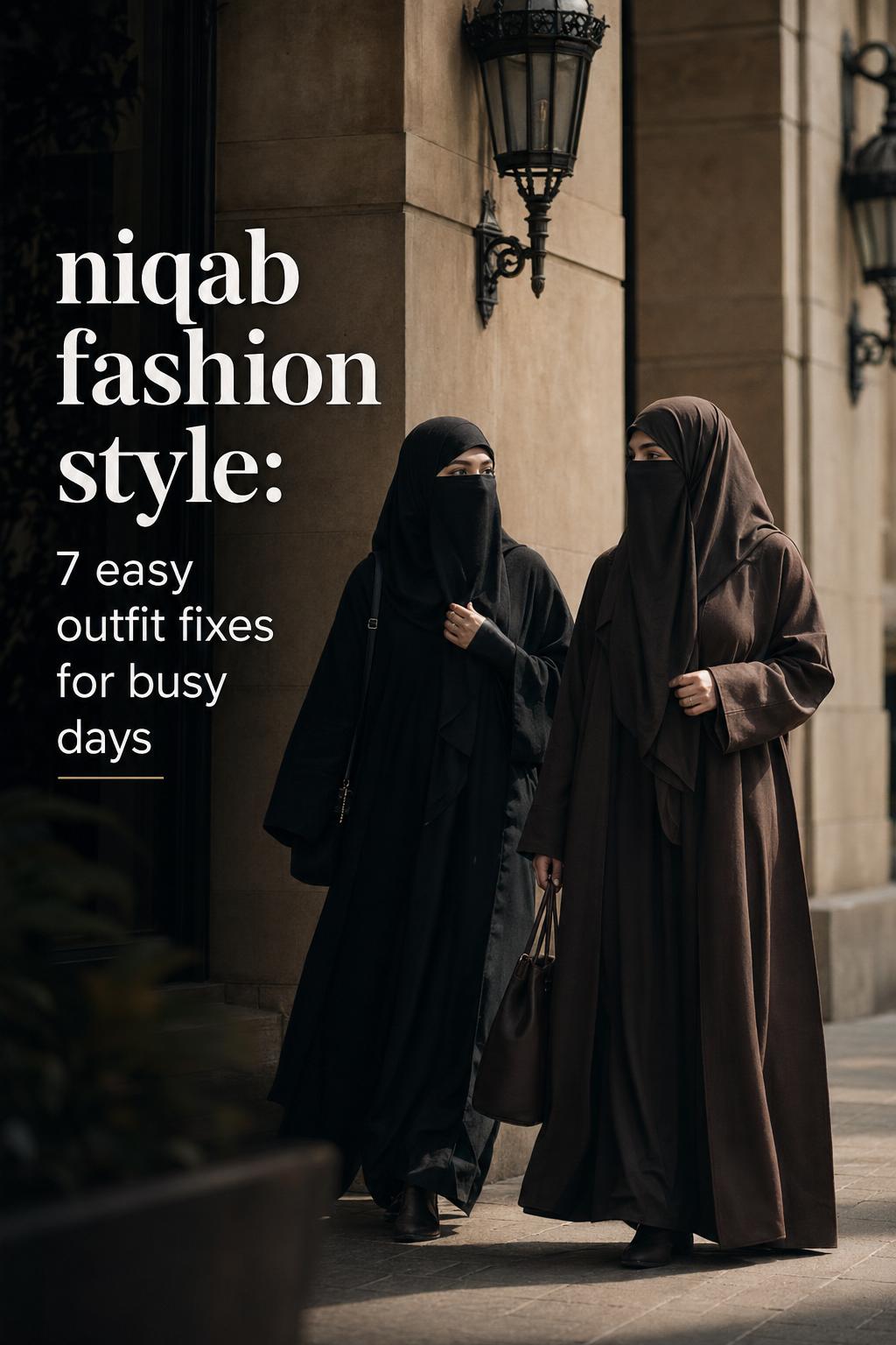 Niqab fashion style editorial photo of two women in traditional and modern abayas in a moody luxury streetscape