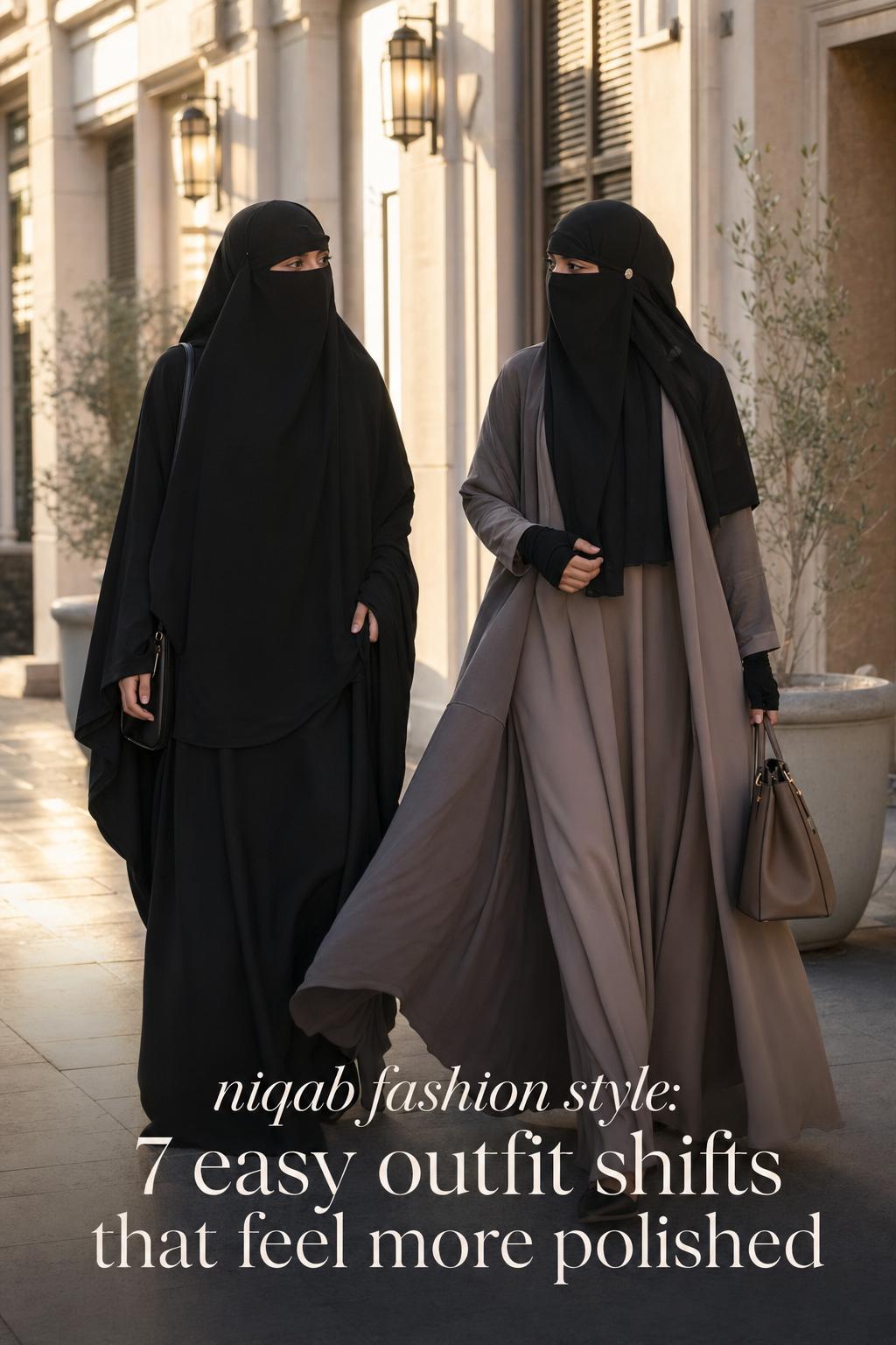 Niqab fashion style comparison of traditional black abaya and modern modest layered look on a golden-hour city street