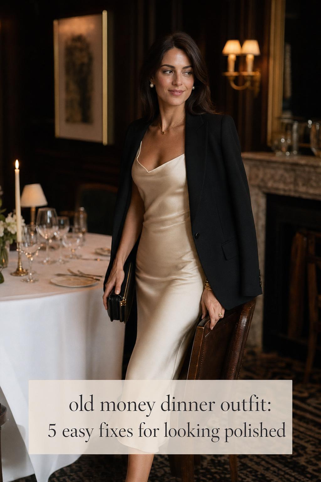 Old money dinner outfit with silk slip dress and blazer in candlelit Mayfair private dining room, elegant quiet luxury