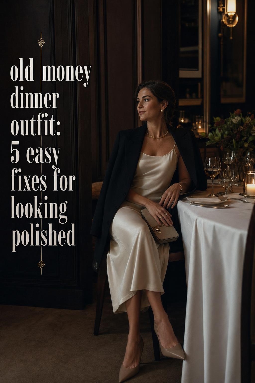 Old money dinner outfit in a candlelit private dining room, woman in sleek neutral dress and blazer beside a set table