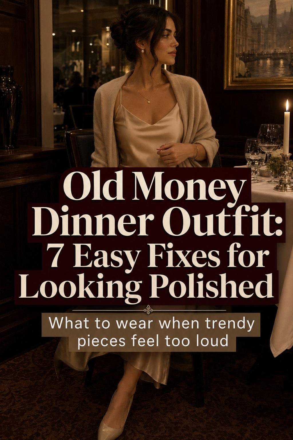 Old money dinner outfit in a candlelit private dining room, elegant woman in a neutral satin dress with refined jewelry