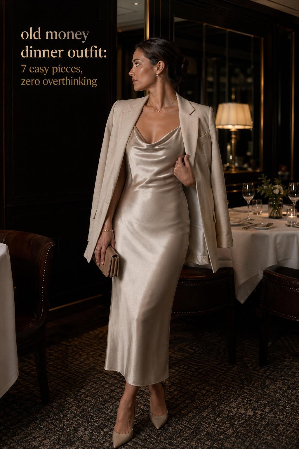 Old money dinner outfit in a low-lit private dining room, woman in neutral silk slip dress with blazer and pearls.