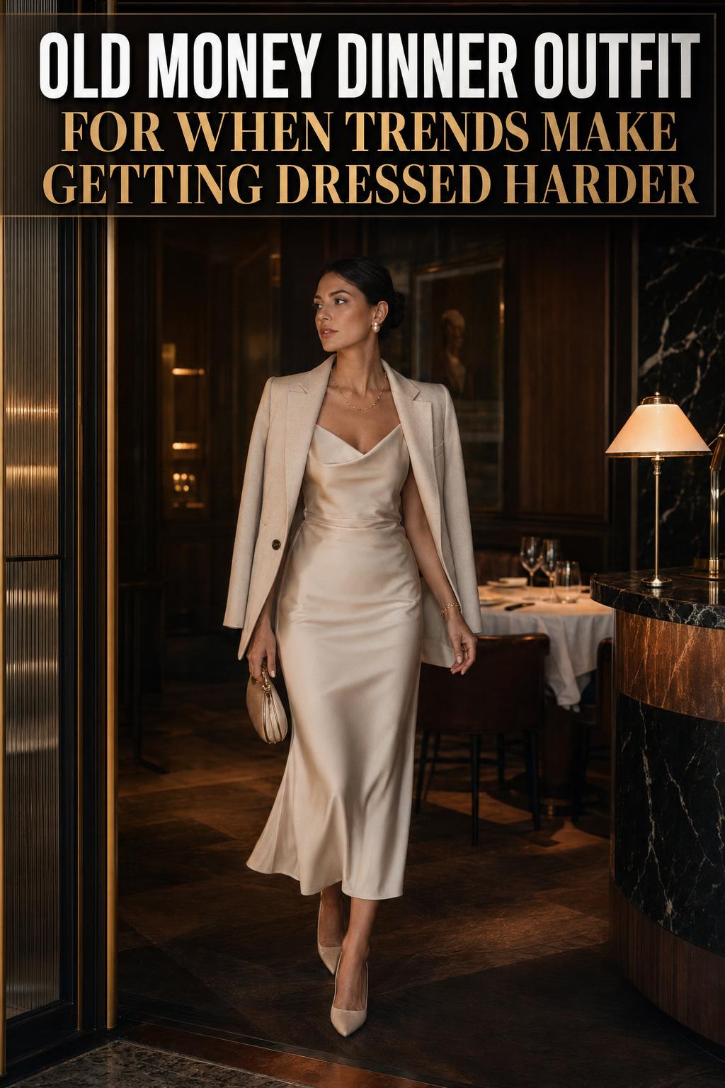 Old money dinner outfit with tailored blazer, crisp shirt and pearl jewelry at an elegant candlelit table