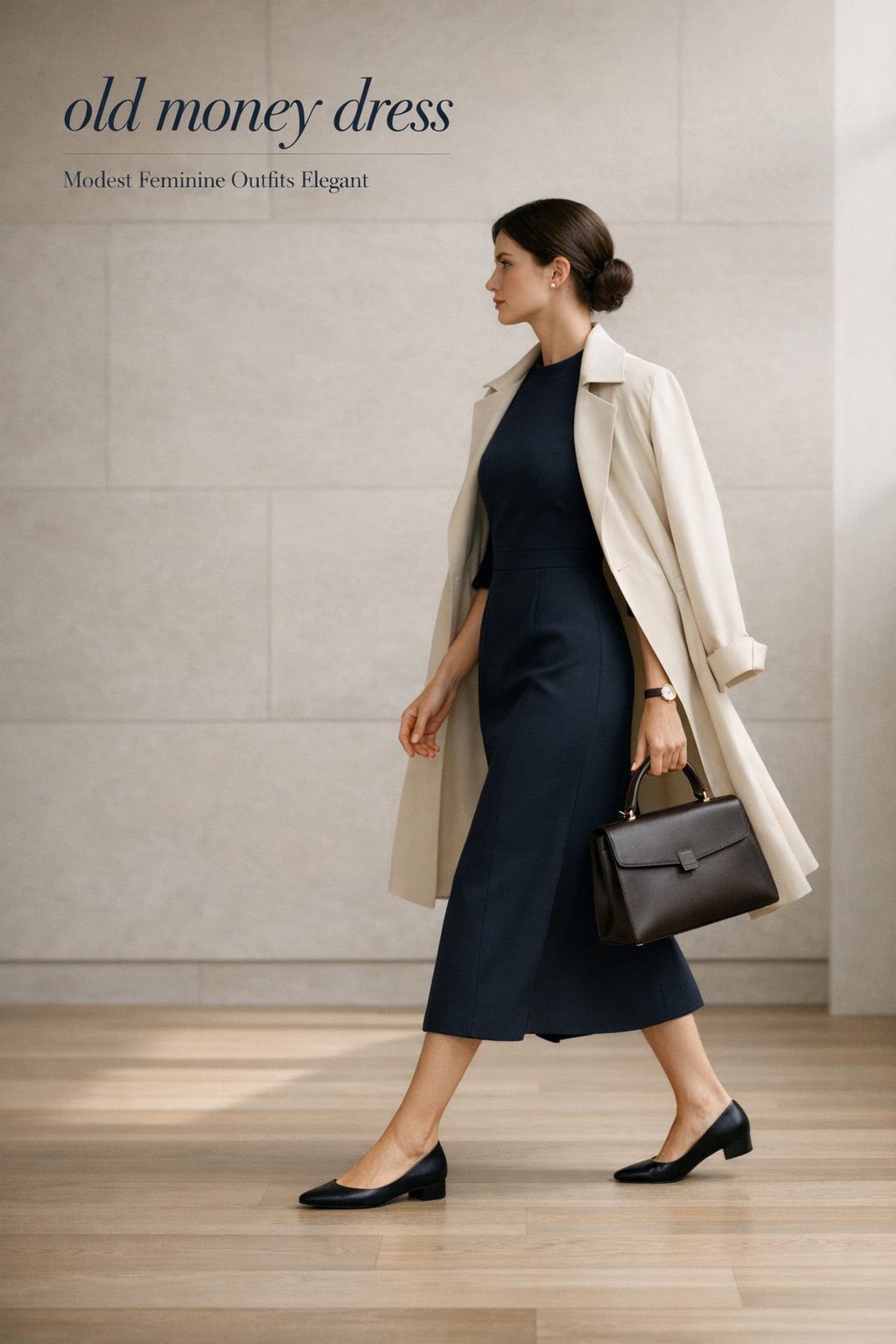 Woman in an old money dress walking in a minimalist museum interior with navy sheath dress and cream trench