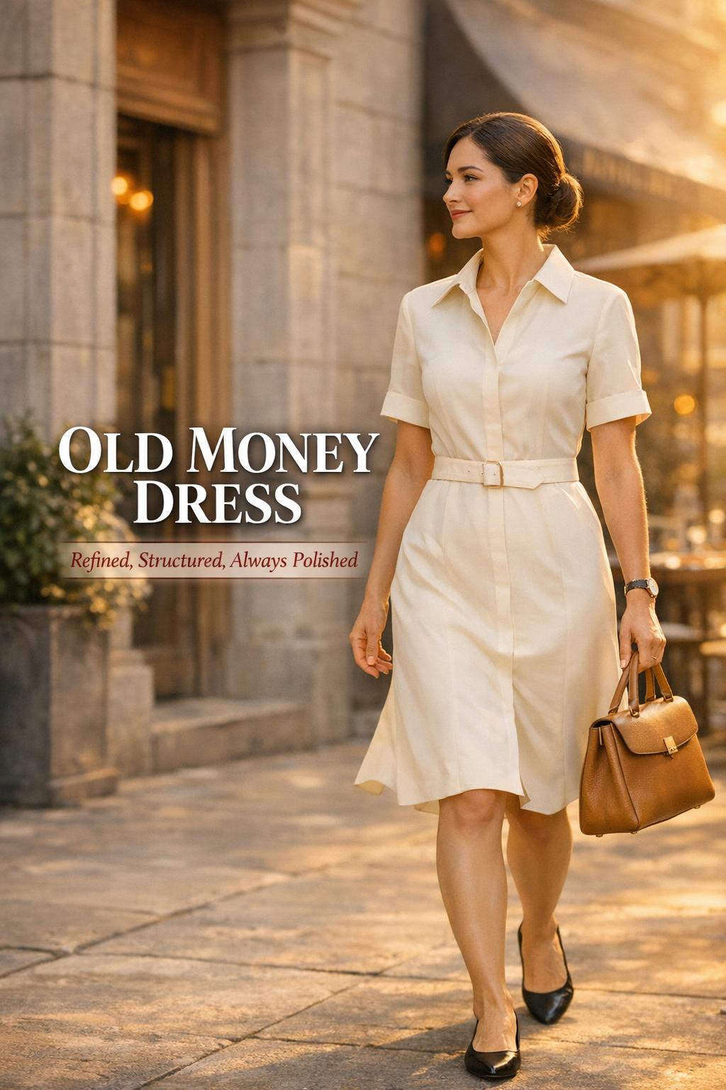 Old money dress style on elegant woman walking past a museum at golden hour, refined city street with negative space