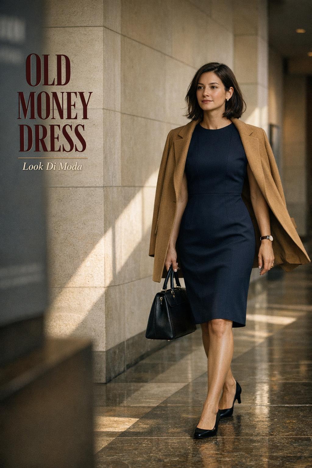 Old money dress in a modern museum corridor, woman in navy sheath dress with camel coat and structured bag in soft window light