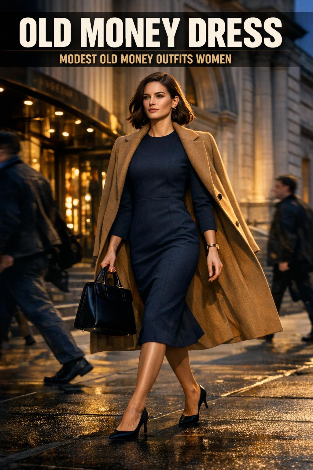 Elegant woman wearing an old money dress in a classic, refined setting