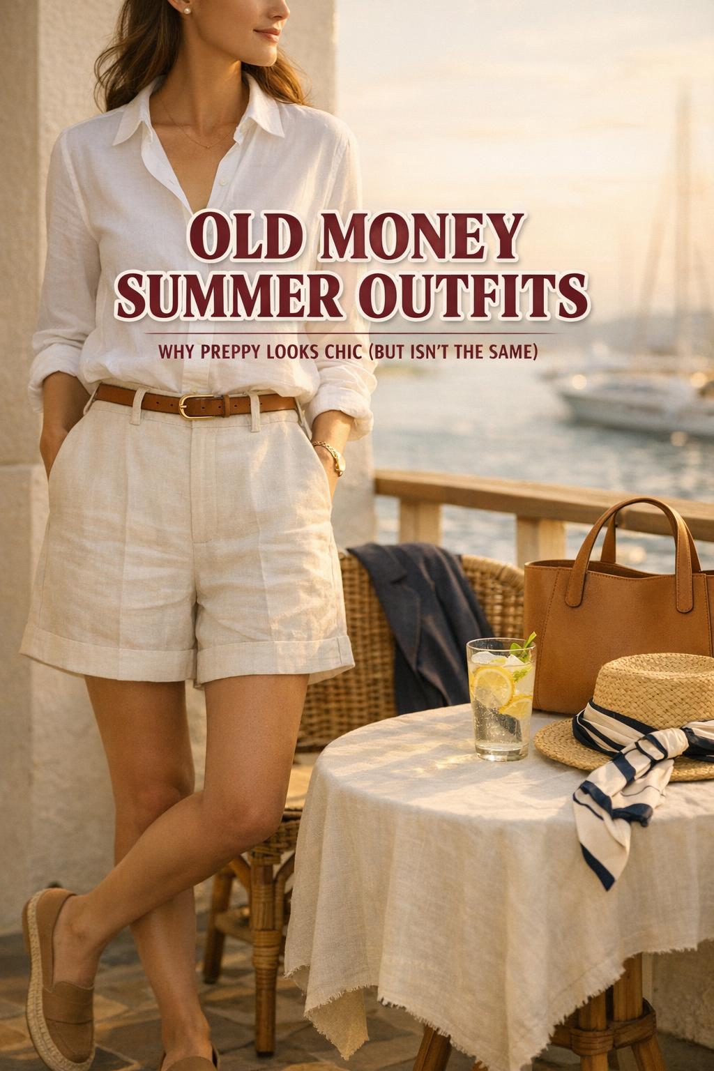 Old money summer outfits on a coastal resort terrace with a woman in a white shirt and linen trousers at golden hour