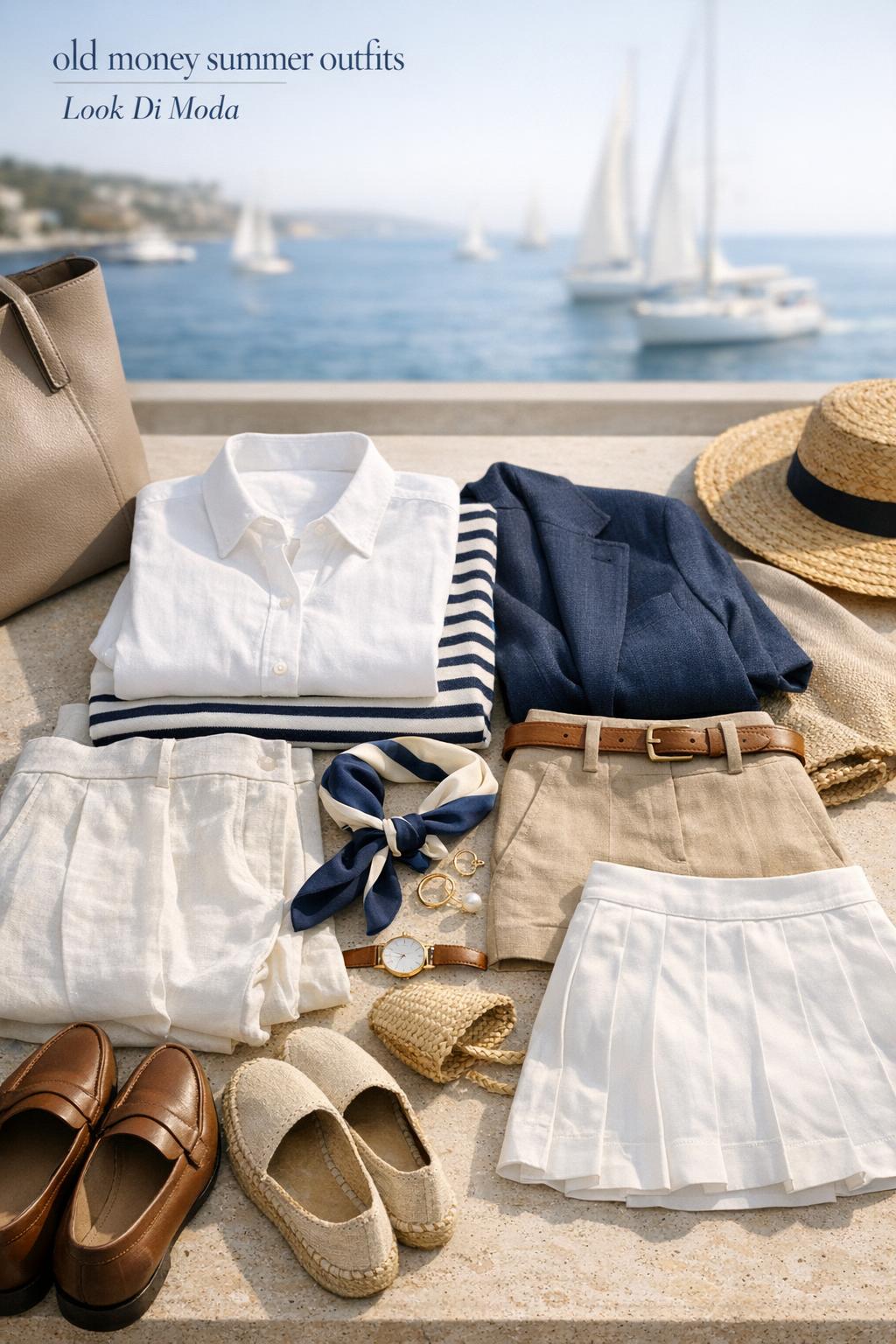 Old money summer outfits flat lay on a sunlit yacht-club terrace with linen, navy stripes, loafers, and gold jewelry