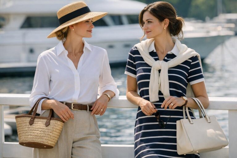 Old money summer outfits with crisp white button-down, tailored beige shorts, espadrilles, and a structured tote in sunlight