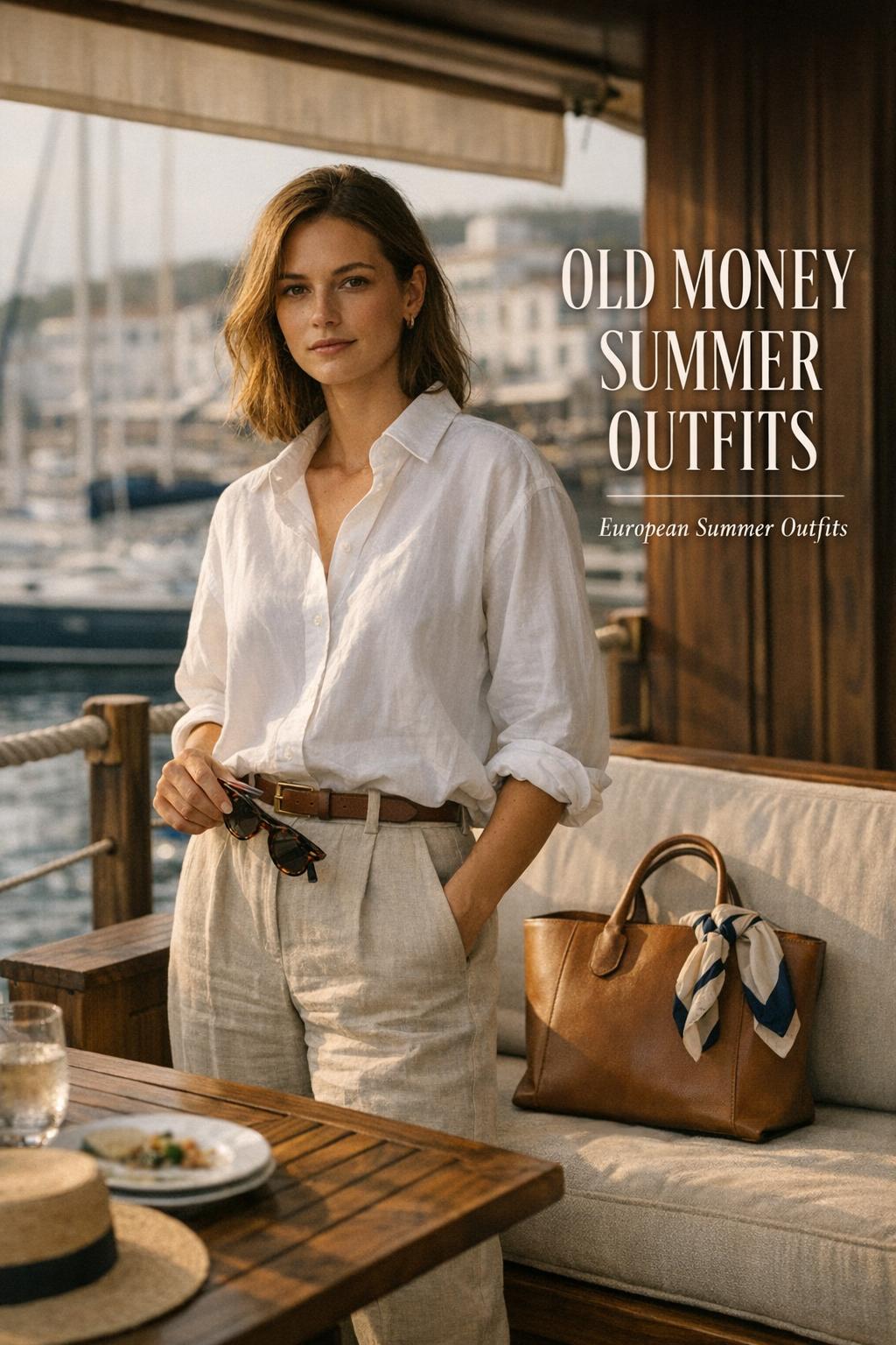 Old money summer outfits on a yacht-club terrace, woman in white shirt and linen trousers with marina view and luxury styling
