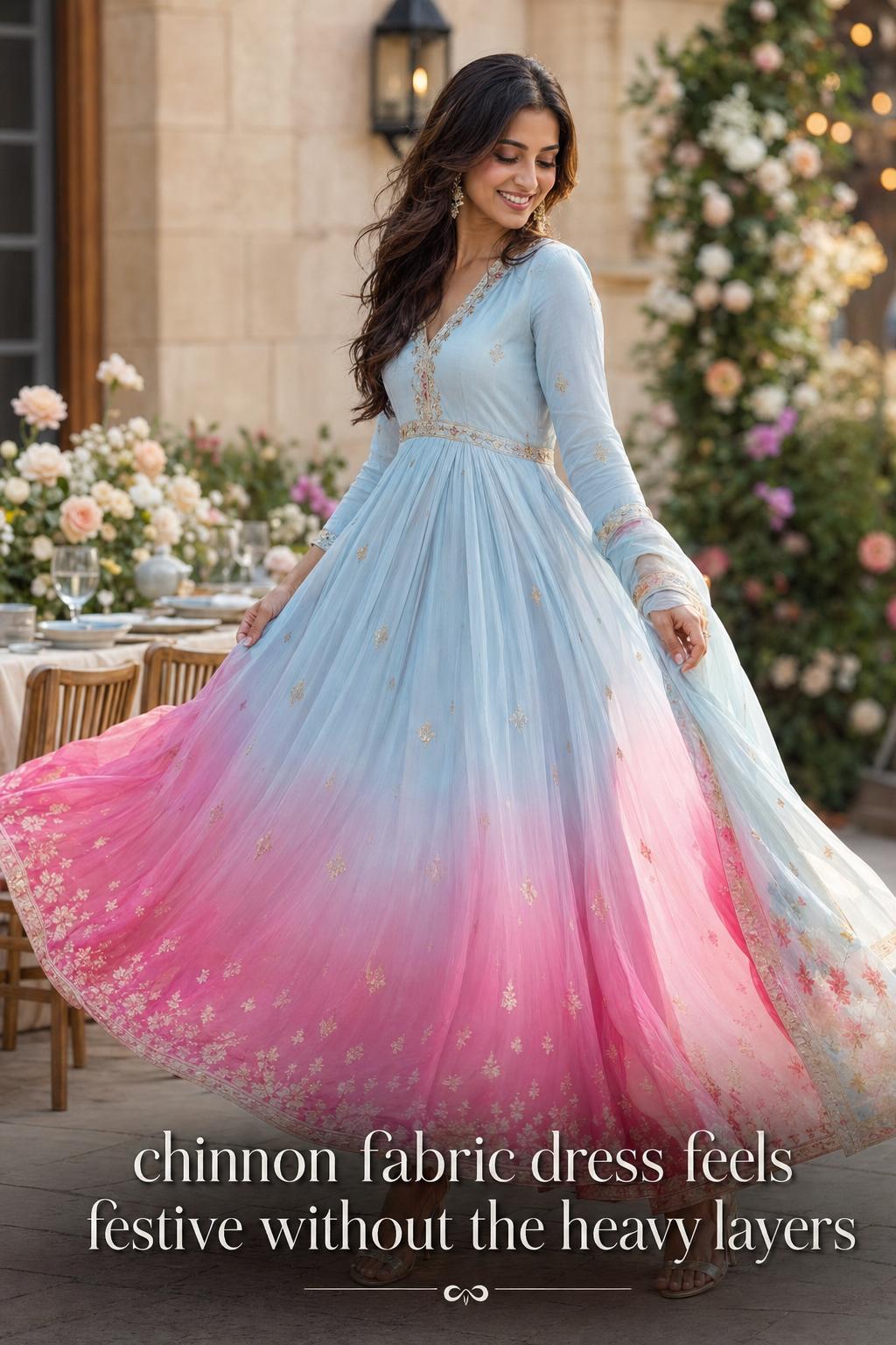 Woman twirling in an ombré chinnon fabric dress at an upscale outdoor celebration with soft floral decor and golden-hour light