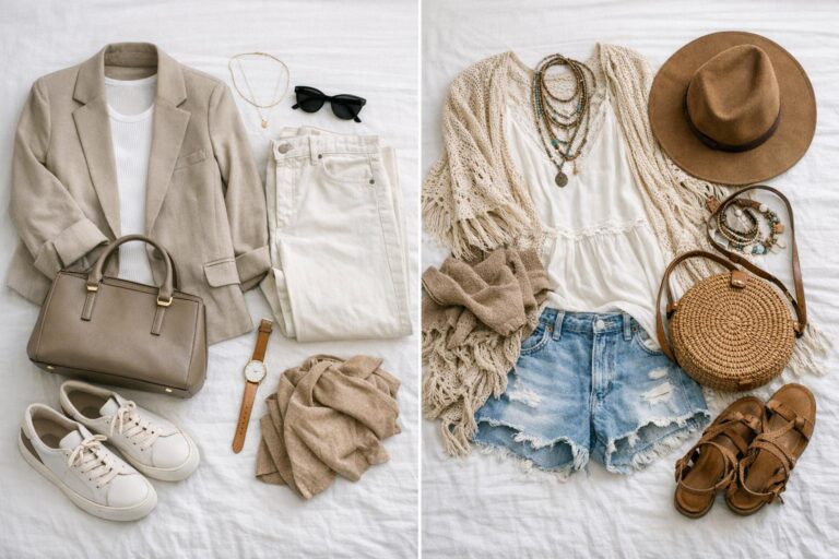 Outfits moodboard showing clean casual and boho chic looks with neutral layers, denim, flowing textures, and accessories