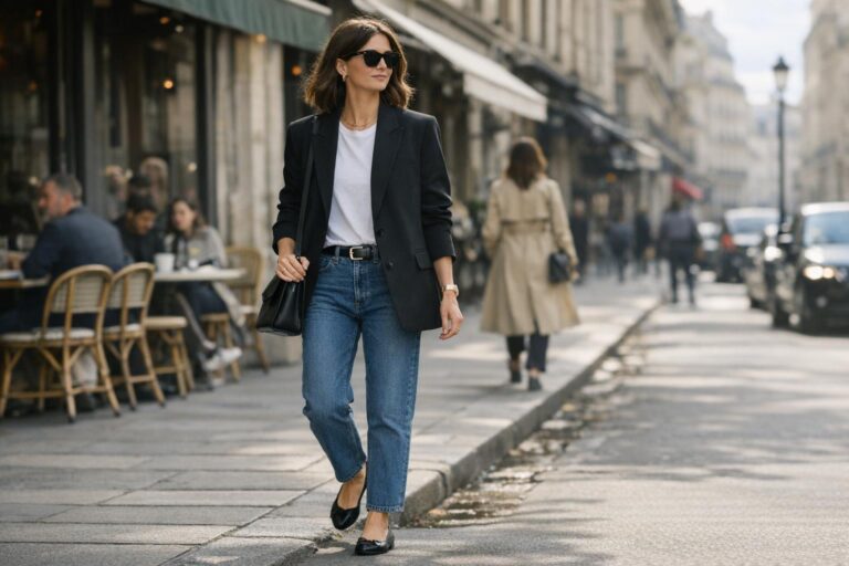 Parisian chic style outfit with oversized blazer, white tee, straight-leg jeans, and loafers on a NYC street