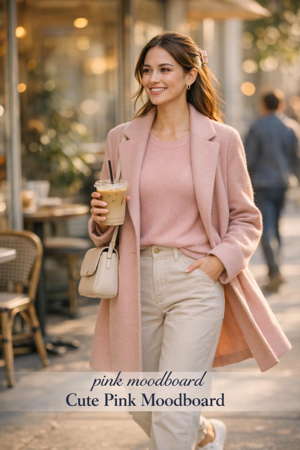Stylish woman on a coffee run holding iced latte in pink outfit, modern city cafe scene, pink moodboard text overlay