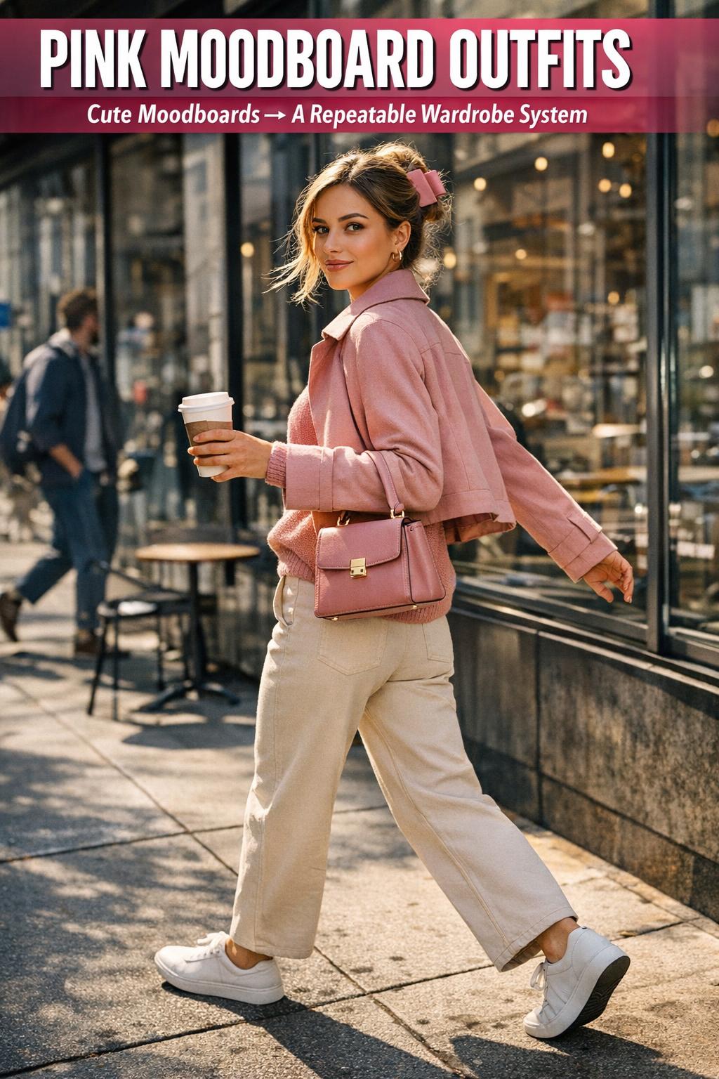 Pink moodboard with blush tones, fabric swatches, and design inspiration laid out on a desk