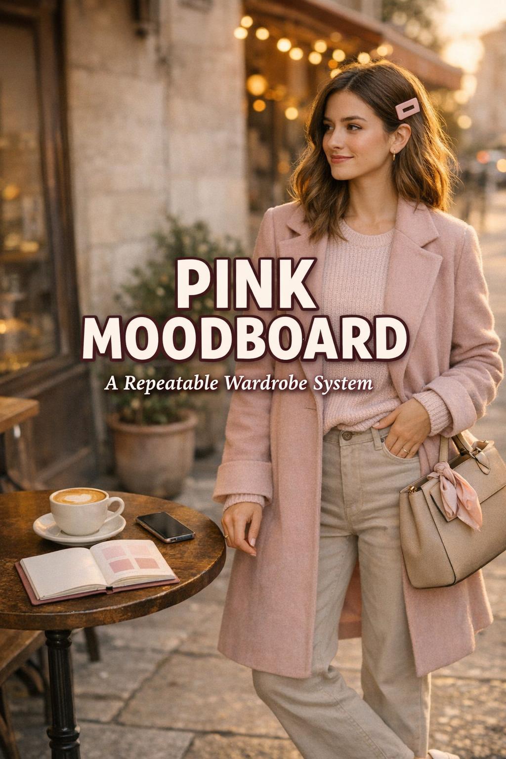 Pink moodboard text overlay on a golden-hour street cafe photo of a woman in a tonal pink layered outfit with latte