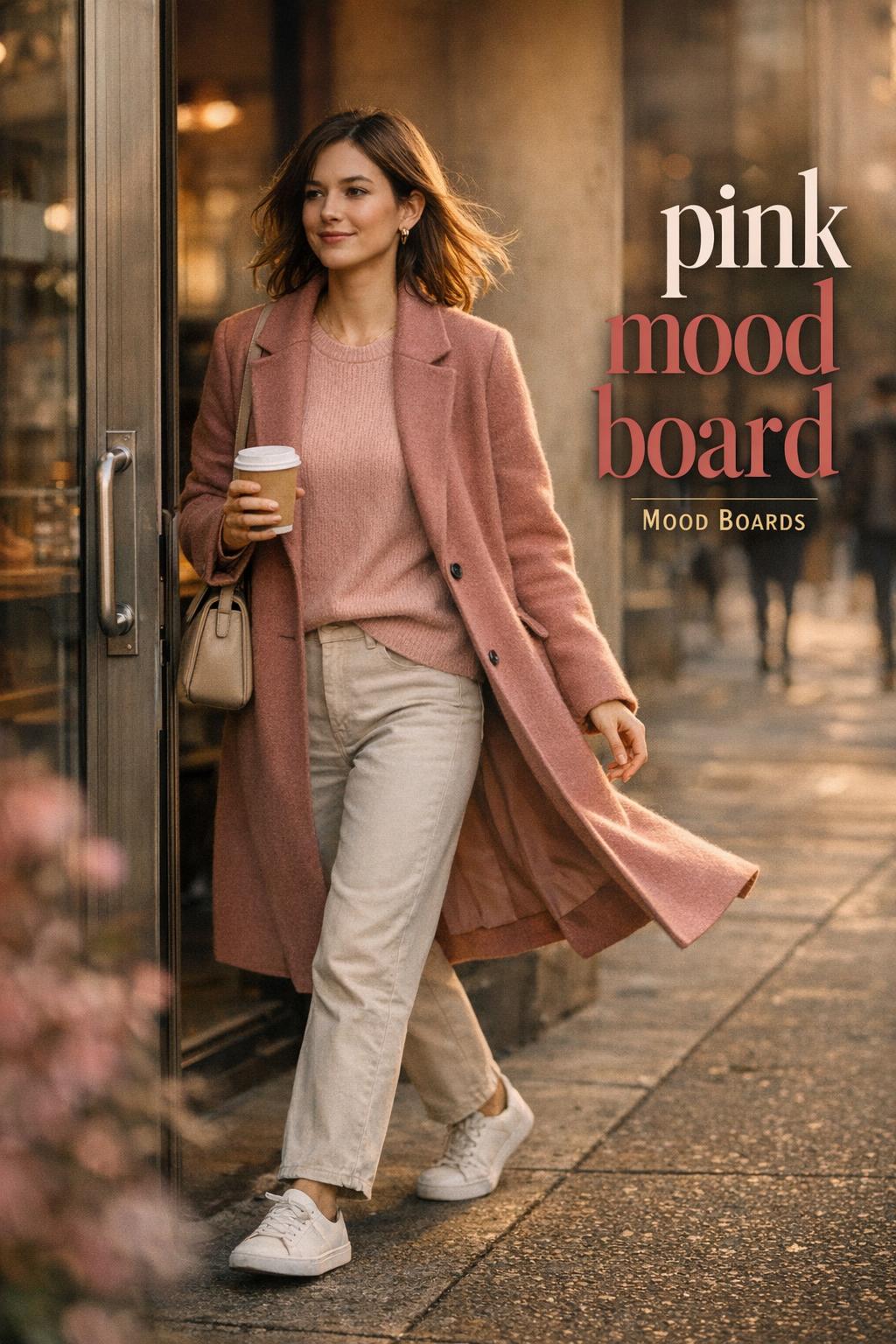 Pink moodboard street-style photo of a woman in a dusty rose coat leaving a city coffee shop at golden hour