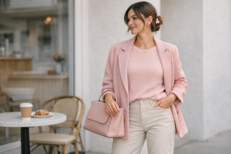 Pink moodboard outfit with soft pink knit, tonal coat, and neutral trousers in natural light