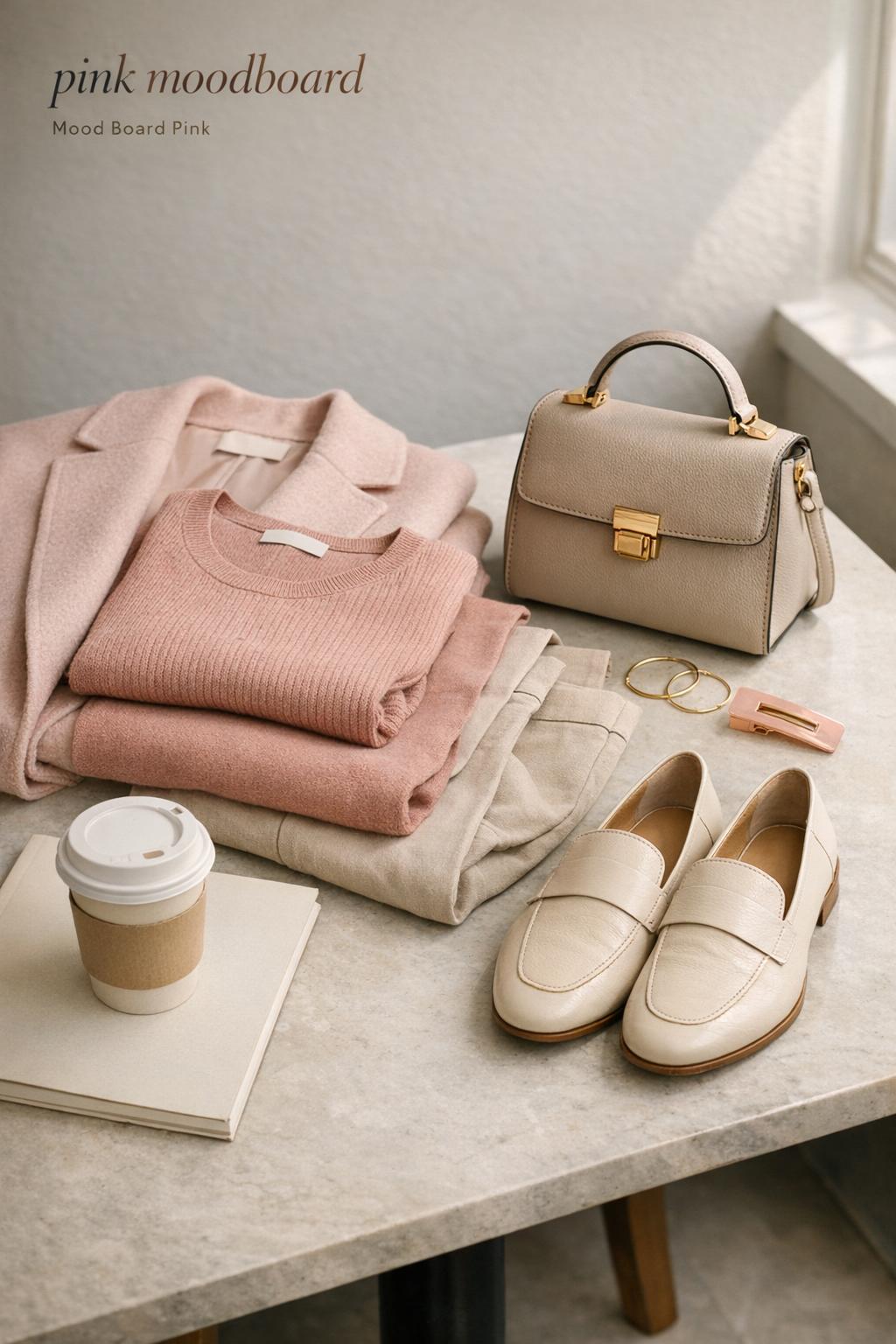 Pink moodboard wardrobe flatlay in a modern cafe with tonal pink layers, neutral trousers, bag, and coffee cup