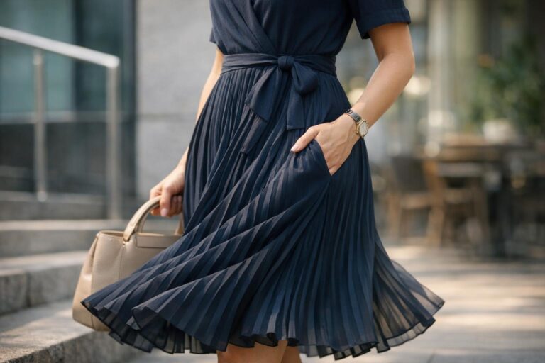 Woman in a pleated fabric dress walking in city light, showing crisp folds and easy movement from work to weekend