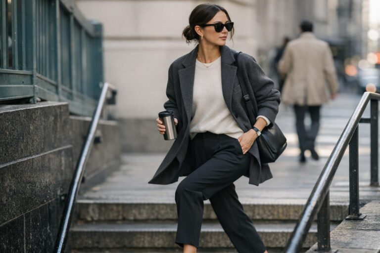 Polished street style commuter look with neutral layers, structured jacket, relaxed trousers, and sleek sneakers in motion