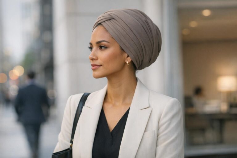 Polished turban style on a woman in a neutral headwrap and tailored blazer, styled for work and commuting