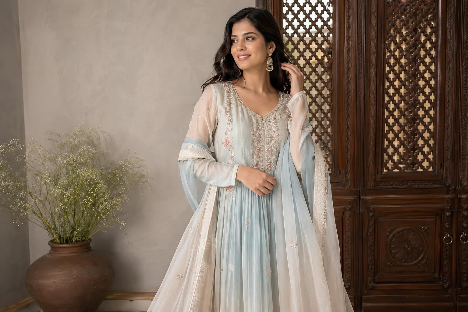 Powder blue chinnon fabric dress with fluid drape and soft sheen, styled for modern occasionwear in natural light