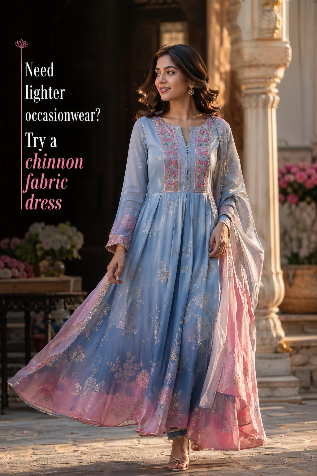 Woman in a powder blue chinnon fabric dress with rani pink accents in a luxury courtyard, breezy modern Indo-Western style
