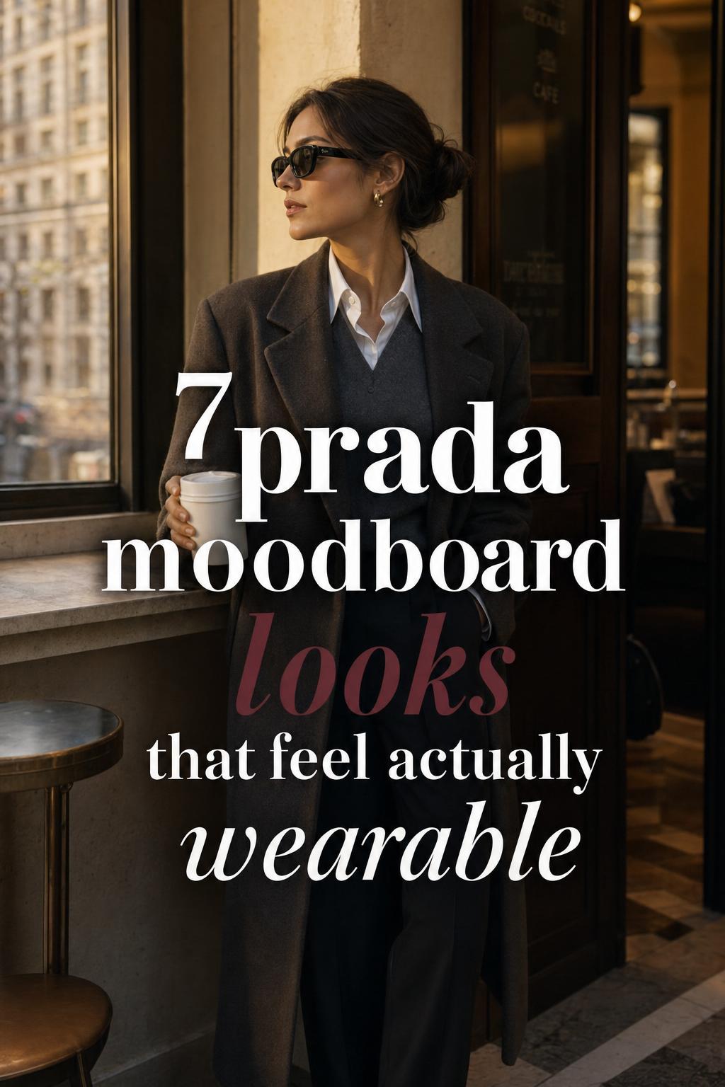 Prada moodboard outfits on a polished woman by a city window in warm golden-hour light, minimalist neutral layering
