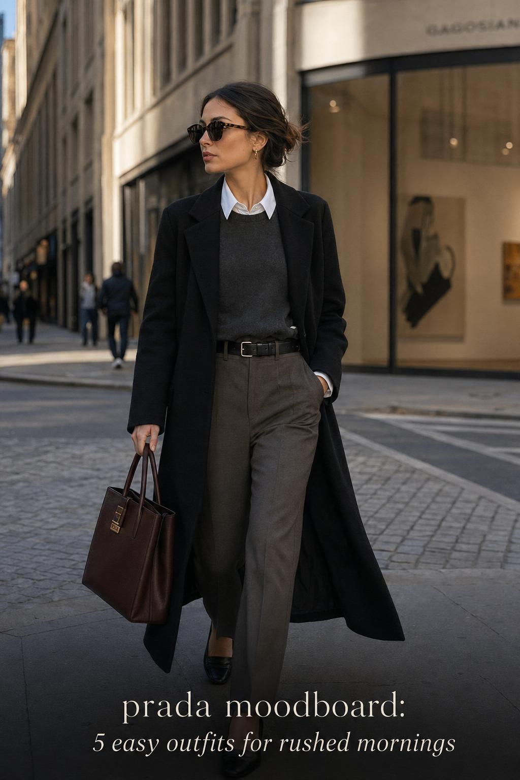 prada moodboard street style outfit: woman in tailored coat and taupe trousers walking downtown on a bright morning
