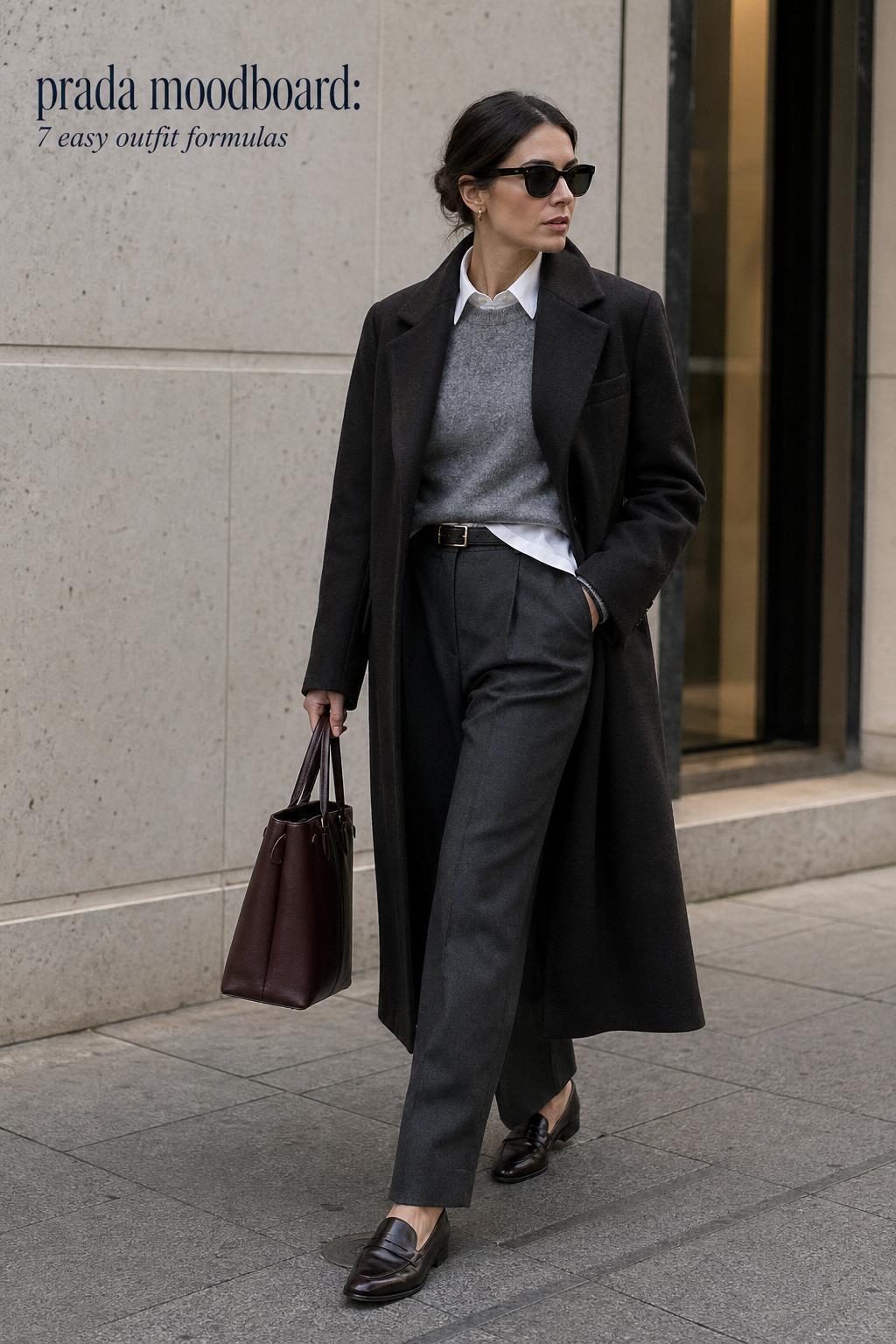 Prada moodboard inspired minimalist city outfit with structured coat, crisp shirt, tailored trousers and leather bag