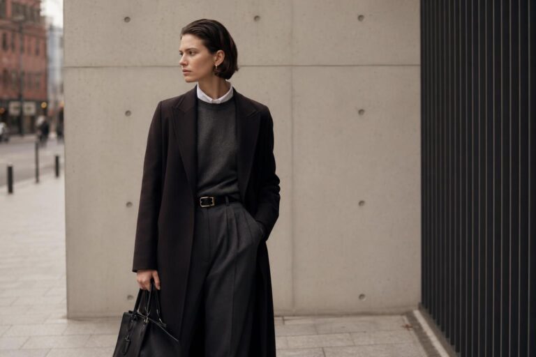 Prada moodboard outfit with structured blazer, crisp shirt, and streamlined skirt in a neutral city look