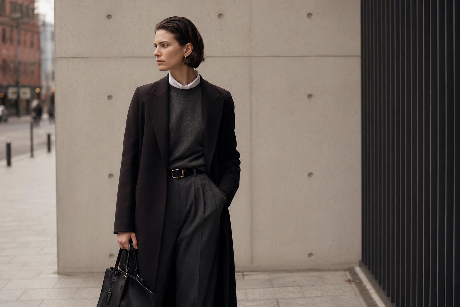Prada moodboard outfit with structured blazer, crisp shirt, and streamlined skirt in a neutral city look