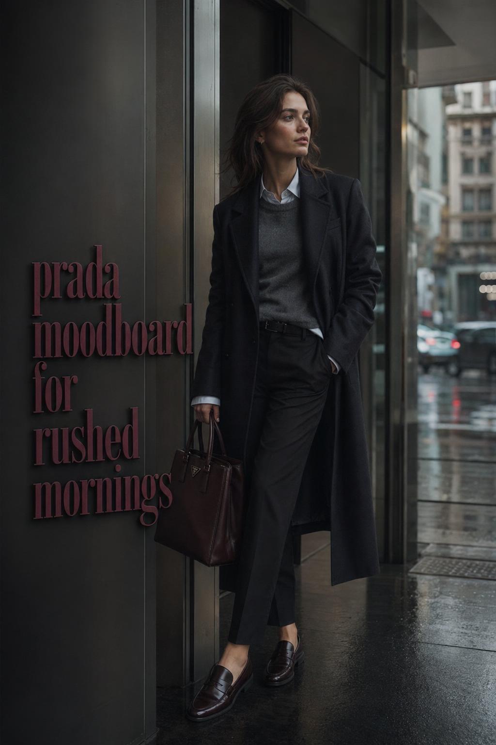 Prada moodboard city morning look: woman in charcoal coat and loafers with structured handbag in a modern office corridor