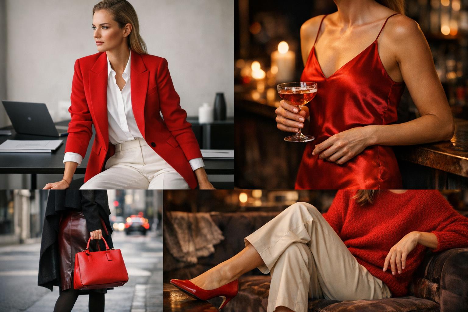 Red moodboard outfit flat lay with cherry knit, satin slip, red blazer, and neutral accessories for editorial impact