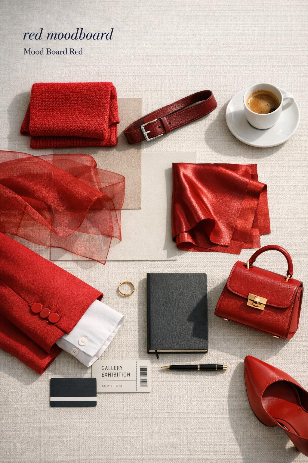 Red moodboard minimalist fashion flat lay with red blazer sleeve, satin swatches, mini bag, heel, and glove on linen