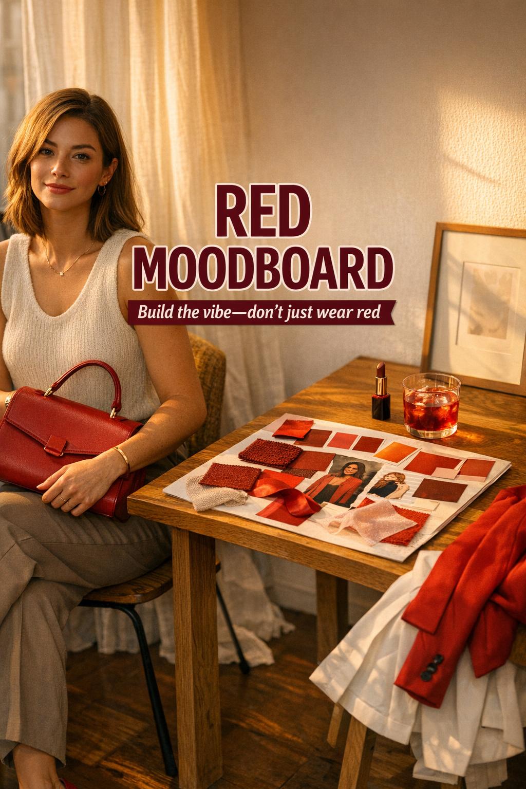 Red moodboard flat lay and stylish woman in warm golden-hour apartment studio with red accents and blazer