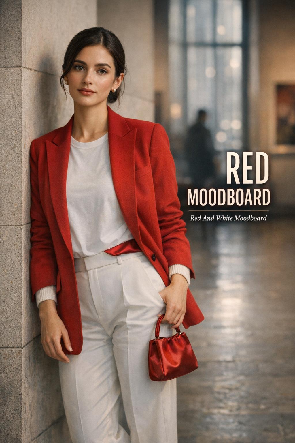 Red moodboard fashion editorial of a woman in a red blazer and white outfit in a modern city art gallery lobby