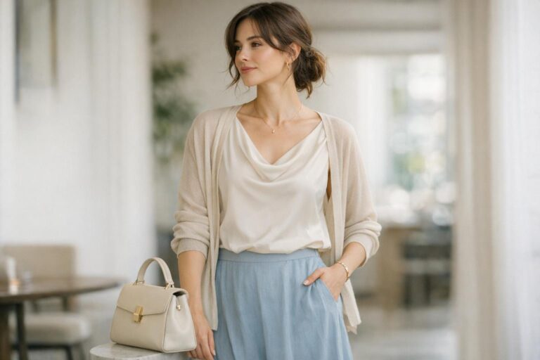 Romantic style outfit with soft drape in pastel tones, paired with clean accessories for calm, modern proportions