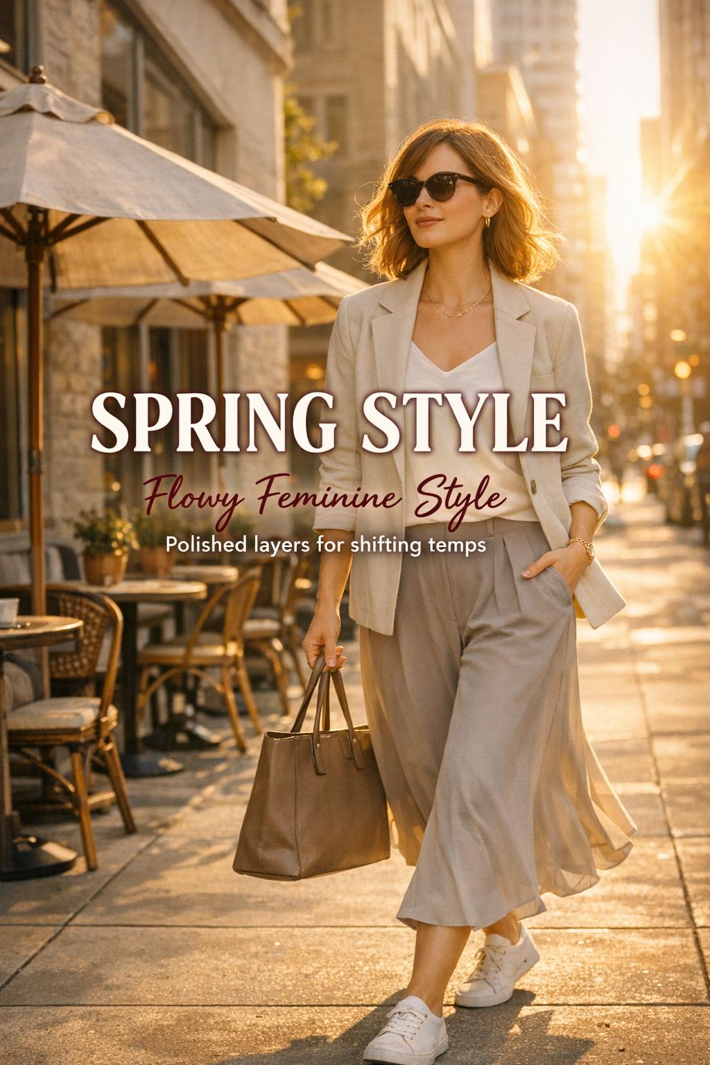 Spring style: stylish woman in quiet luxury outfit walking past a city cafe at golden hour with text overlay