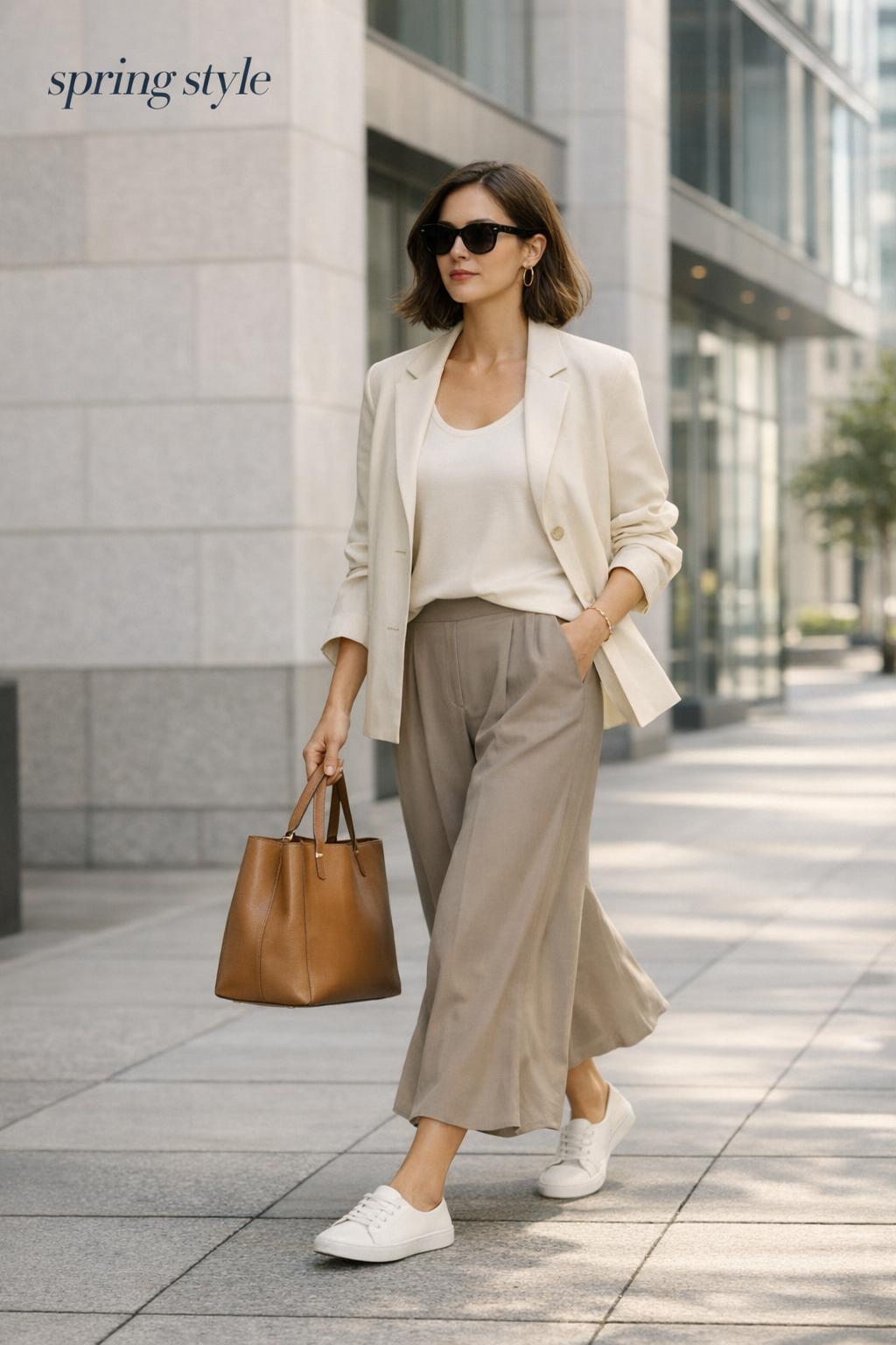 spring style quiet luxury outfit on a city sidewalk, woman commuting in cream jacket, taupe trousers, and camel tote